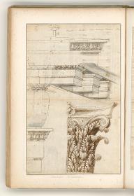 Rom, Hadrianstempel, Grund-und Aufriss, Säulenbasis und Architrav; Verso: Konsolengebälk, Kapitell