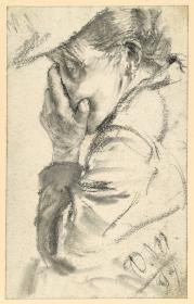 Weinende alte Frau, das Gesicht in die Hand gepresst, Brustbild nach links