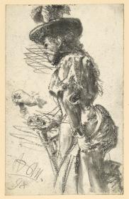 Dame mit Hut vom Stuhl aufstehend, Kniestück nach links, Hand und Gesicht verworfen, die Hand wiederholt