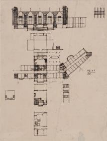 Marienbad, Projekt Kurhotel in Königswart, vorbereitende Skizze, sieben Grundriss und Fassadendetails