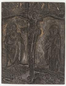 Christus am Kreuz mit Maria und Johannes und Evangelistensymbolen mit Schriftbändern Nach Dürer (B 56) ?