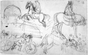 Transport von Kähnen, zwei Reiter
