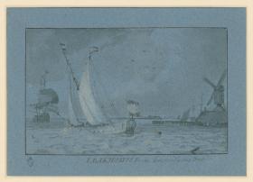 Nach links auslaufendes Fischerboot, links größeres Segelschiff