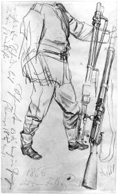 Soldat im Schritt nach Rechts, Gewehrstudien (für den Festkarton zum Essen für die heimkehrenden Krieger 1866)