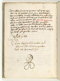 Letzte Textseite mit Bildnis, in: Die sieben Tugenden und Todsünden. (Arnoldus de Hollandia, Liber gnosolitos.)