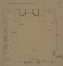 Darmstadt, Wohnhaus Olbrich, Erdgeschoss, Halle, Grunsdriss mit Möblierungsplan