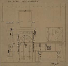 Darmstadt, Wohnhaus Olbrich, Erdgeschoss, Halle, Aufriss der Südwand und Seitenansicht der Emporen Stützen