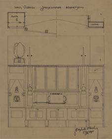 Darmstadt, Wohnhaus Olbrich, Erdgeschoss, Speisezimmer, Grundriss und Aufriss der Westwand