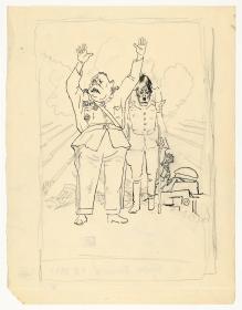 Göring mit erhobenen Arnmen und Hitler mit Krücken