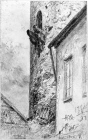 Mittelalterlicher Rundturm hinter Gebäuden