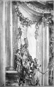Bekrönung vom Grabmal eines Bischofs und zwei Figuren in einer barocken Kirche