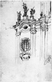 Teil einer barocken Kirchenfassade mit Gesimsfiguren und Rundfenster