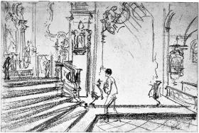 Barockes Kircheninneres mit Stufen zum Hochaltar, davor ein Andächtiger