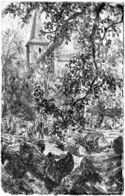 Blick auf eine Kirche mit spitzem Turm, vorn gefällte Baumstämme und herabhängendes belaubtes Geäst