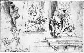 Zwei Skizzen einer Puttengruppe der barocken Kirchenarchitektur, Gesicht einer aufblickenden alten Frau, barocke Gestühlwange