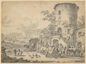 Reisende vor einem Wirtshaus in einer italienischen Landschaft