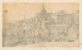 Städtchen im Gebirge (Ariccia?), links kleines Tal, in der Mitte Kirche mit hoher Kuppel
