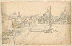 Piazza del Popolo von hohem Standpunkt (etwa Westecke des Tores) aus gesehen, links im Hintergrund Trinità dei Monti