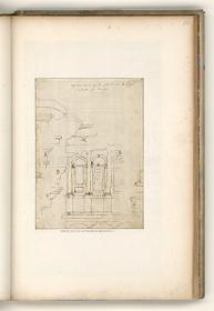 Tivoli, Via Tiburtina, Mausoleum der Plautier, Grundriss und Aufriss der Mauer sowie Details der Bauornamentik, Verso: Darstellung eines Zierbrunnens mit Gehäuse