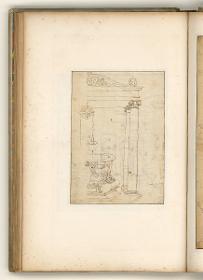 Tivoli, Via Tiburtina, Mausoleum der Plautier, Grundriss und Aufriss der Mauer sowie Details der Bauornamentik, Verso: Darstellung eines Zierbrunnens mit Gehäuse