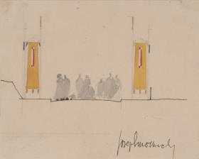 Darmstadt, Straßenschmuck zwischen Dreihäusergruppe und Restaurant während der Künstlerkolonie Ausstellung, Skizzenblatt mit Straßenprofil, Flaggenständern und Figuren