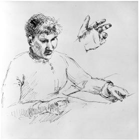 Brustbild einer sitzenden Frau nach rechts, Studie einer linken Hand