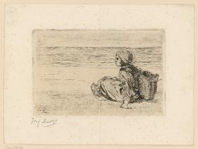 Mädchen mit Kiepe auf dem Rücken am Strand