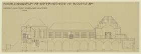 Darmstadt, Ausstellungsgebäude und Hochzeitsturm, Vorentwurf, Aufriss der Hoffassade und Schnitte durch das Ausstellungsgebäude