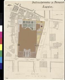 Darmstadt, Projekt Hallenschwimmbad, gedruckter Kartenauszug mit montiertem Grundstücksplan