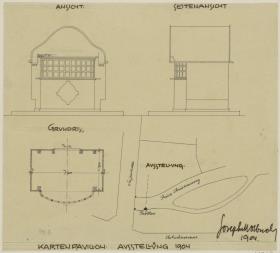 Darmstadt, provisorische Kartenpavillons und Zaun für die Künstlerkolonie Ausstellung, Eintrittskarten Pavillon, Aufrisse, Grundriss und Situationsplan