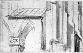 Kirchenpfeiler mit Inschrift "ANNO DOM 1573", Kirchenfassade mit kleiner Dachung