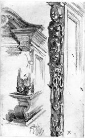 Details eines barocken Schrankes: geschweifter Giebel, Fuß und geschnitzter Pilaster mit Frau und Männermaske