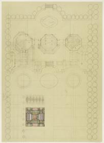 Darmstadt, Gartenbauausstellung, Skizzenblatt mit Gesamtplan, ein Blumenbeet des Parterres farbig angelegt