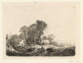 Landschaft mit Baumgruppe, vorn ein Wagen mit Ochsen