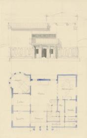 Darmstadt, Wohnhaus Habich, vorbereitende Skizze, Aufriss und Grundriss