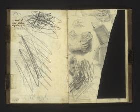 Frau, ein Behältnis an der Hüfte tragend, tritt durch eine Tür (verworfen); Hand- und Figurenstudien von Schreibenden und Lesenden, unten Männerköpfe (verworfen)