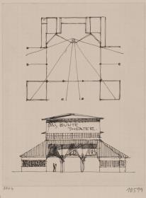 Darmstadt, provisorischer Theaterbau, Spielhaus für die Ausstellung, Vorentwurf, Skizzenblatt mit Grundriss und Aufriss