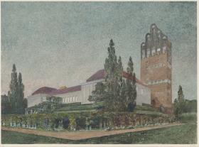 Darmstadt, Ausstellungsgebäude und Hochzeitsturm, Perspektive von Nordosten