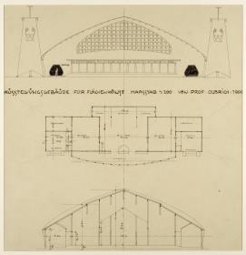 Darmstadt, provisorisches Galeriegebäude, Gebäude für Flächenkunst, Grundriss, Aufriss und Schnitt