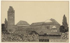 Darmstadt, Ausstellungsgebäude und Hochzeitsturm, Vorentwurf, Perspektive von Südwesten