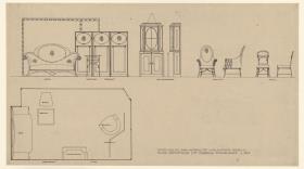 Berlin, Damensalon für Franz Holzamer, Wandaufriss mit Sofa, Teetisch und Paravent, Grundriss mit Möblierungsplan, Aufrisse und Seitenansichten von Schrank, Sessel und Stuhl