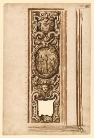 L' Aquila, Kapelle San Bernardino dell' Acta, Entwurf für eine Holzfüllung, mit Wappen