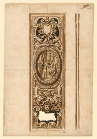 L' Aquila, Kapelle San Bernardino dell' Acta, Entwurf für eine Holzfüllung, mit Kranzumrandung des Medaillons