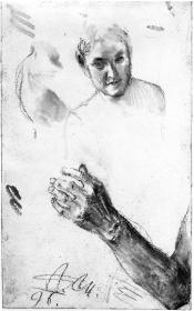 Weiblicher Kopf en face, linker Arm im Winkel. Modellstudie zum "Akademieblatt" 1896