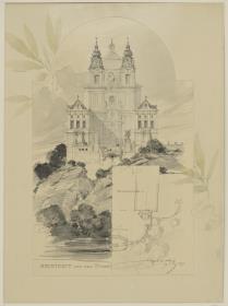 Reisestudien, Melk, Ansicht des Stifts von der Donau und Teilgrundriss