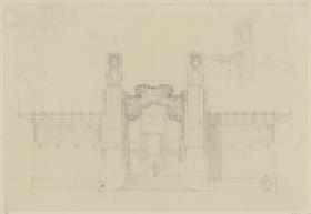 Wien, Ausstellungsgebäude der Secession,, Aufriss der Hauptfassade  sowie Skizzen zweier Grundriss- und eines Fassadendetails
