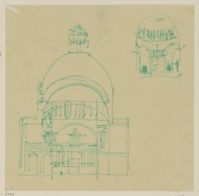 Wien, Projekt Kaiser Franz Joseph Jubiläumskirche, Skizzenblatt mit Schnitt und Perspektive des Kuppelraums