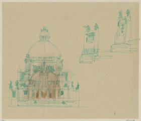 Wien, Projekt Kaiser Franz Jubiläumskirche, Skizzenblatt mit Fassade und zwei Details