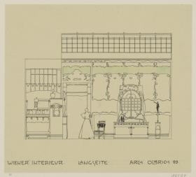 Darmstadt, Wiener Zimmer für die Weltausstellung Paris 1900, Aufriss der Längswand mit dem Schmuckschrank