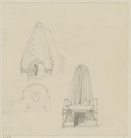 Darmstadt, Haupteingang zur Ausstellung der Künstlerkolonie, Vorentwurf, Skizzenblatt mit Perspektive, Grundriss  und Aufriss